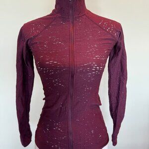Fabletics Laser Cut Maroon Full Zip Sweatshirt | XS | EauC | Thumb holes